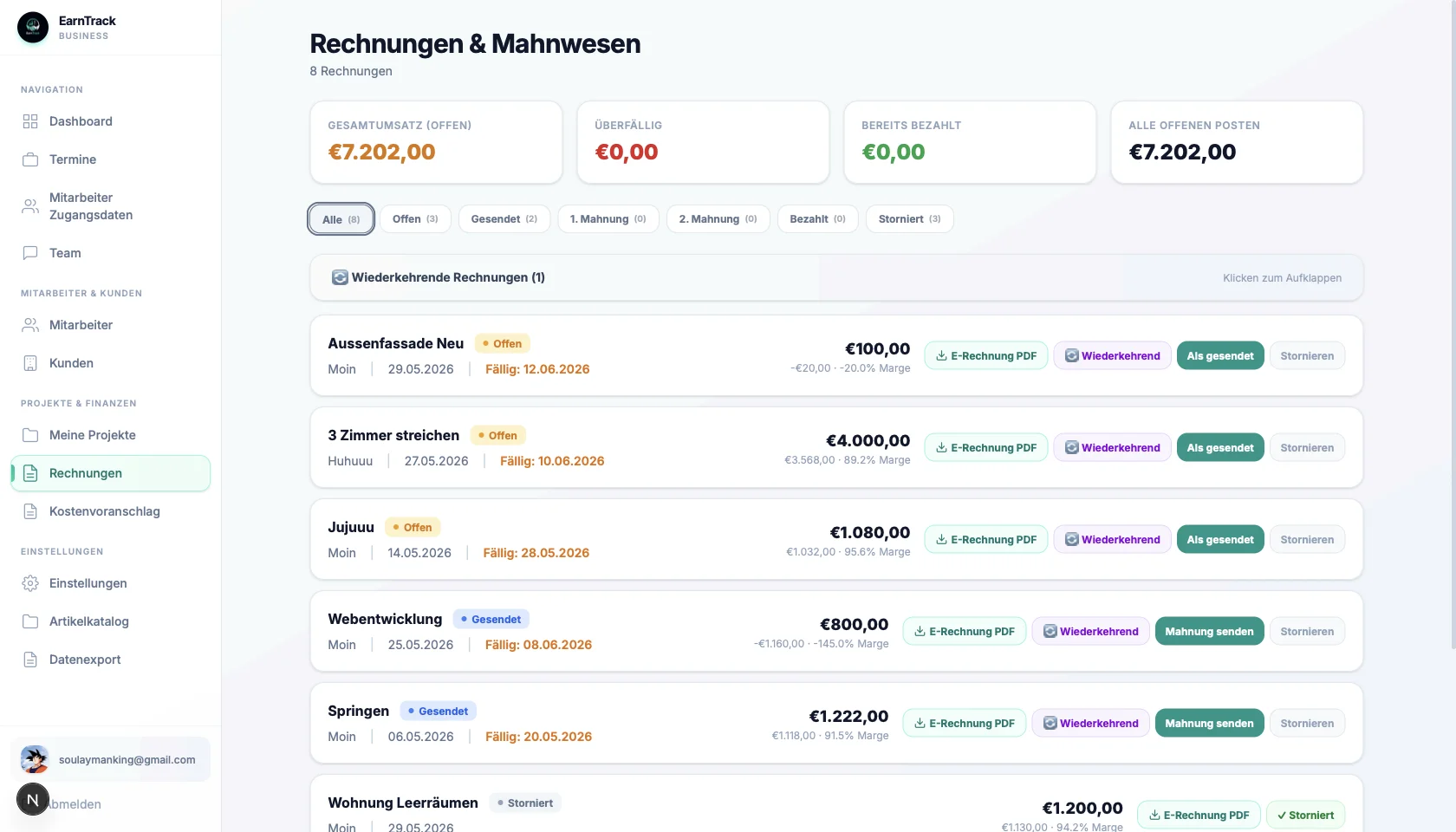 EarnTrack Rechnungen & Mahnwesen